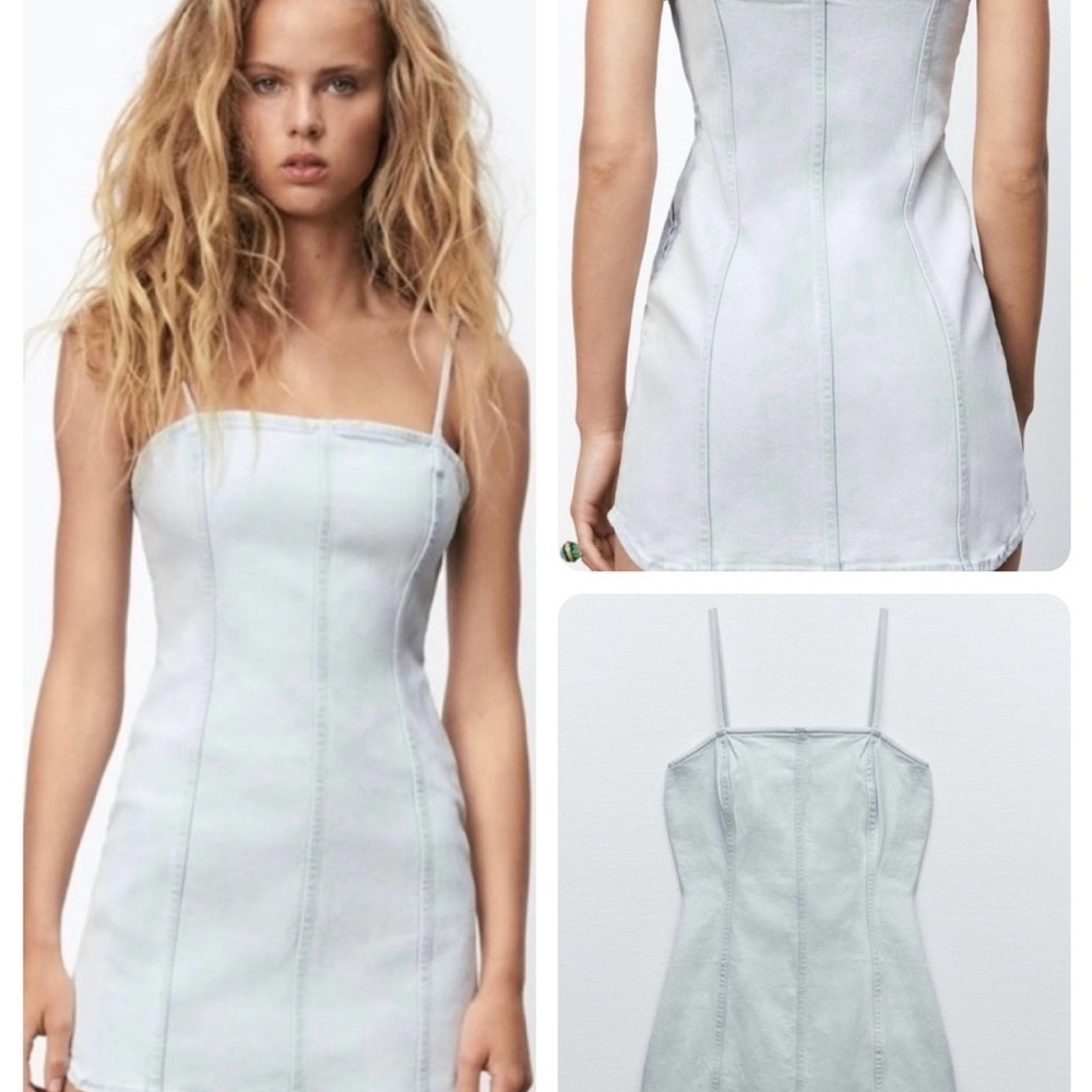 ZARA Denim Mini Dress Light Blue Spaghetti  Straps Side Zipper Size M